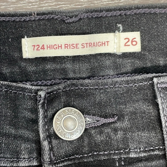 Levi’s 724 High Rise Straight Black Wash Denim Jeans Distressed Knees 26 - Picture 11 of 15